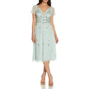 Adrianna Papell Beaded Floral Midi Fit and Flare Sea Glass Dress